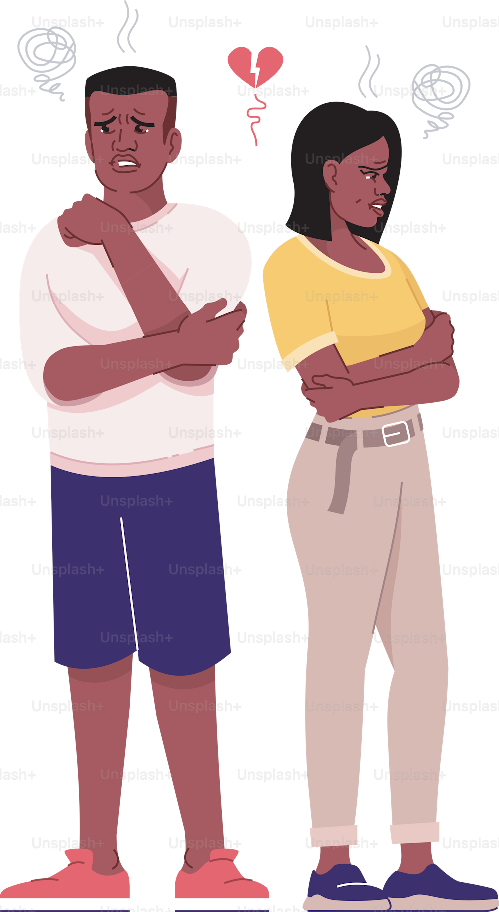 Couple quarrel flat vector illustration. Family dispute. Relationship misunderstanding. Sad african american boyfriend, girlfriend isolated cartoon characters with outline elements on white background