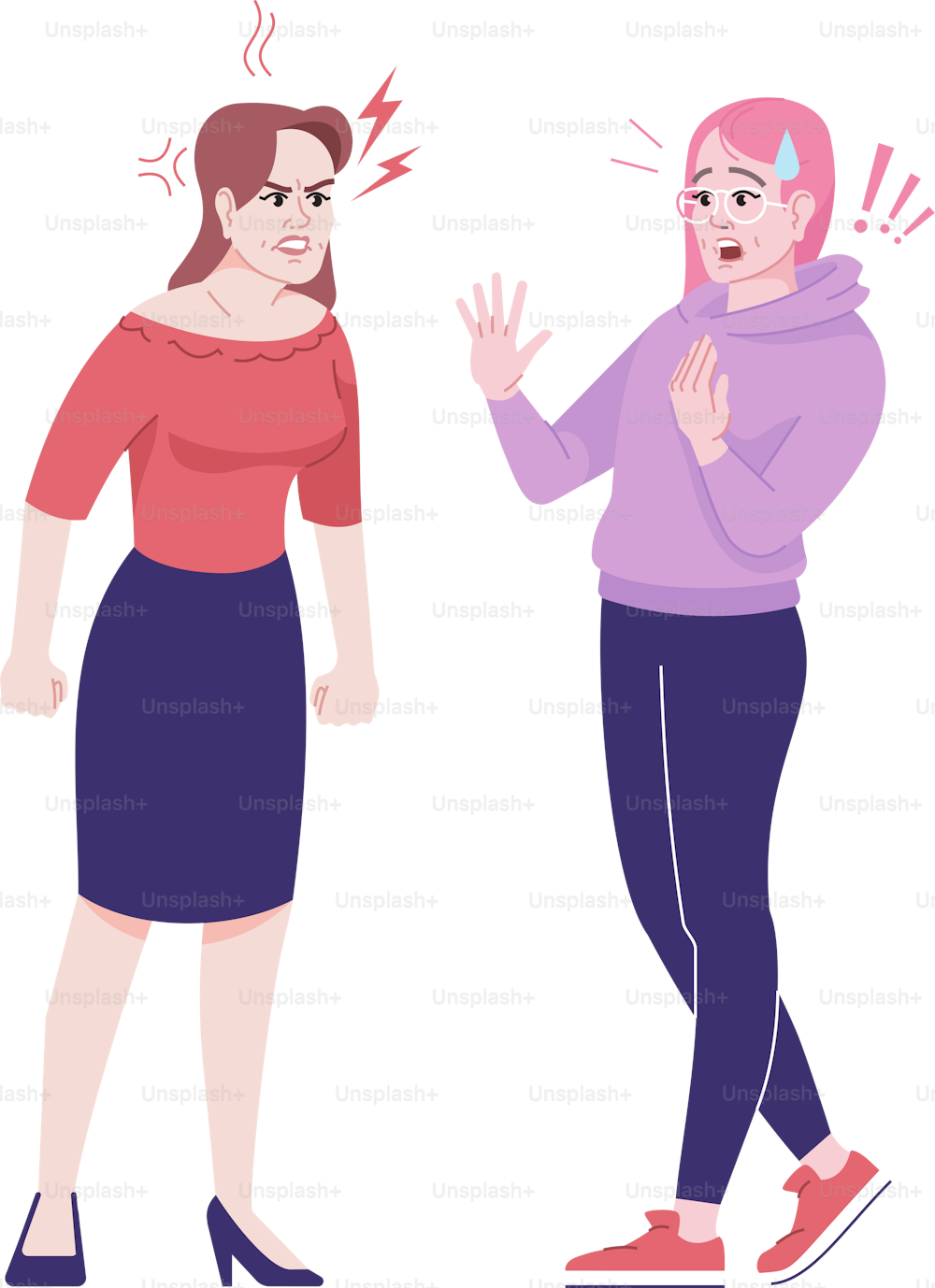 Female quarrel flat vector illustration. Fight girlfriends. Anger and panic. Two girls having emotional conflict isolated cartoon characters with outline elements on white background