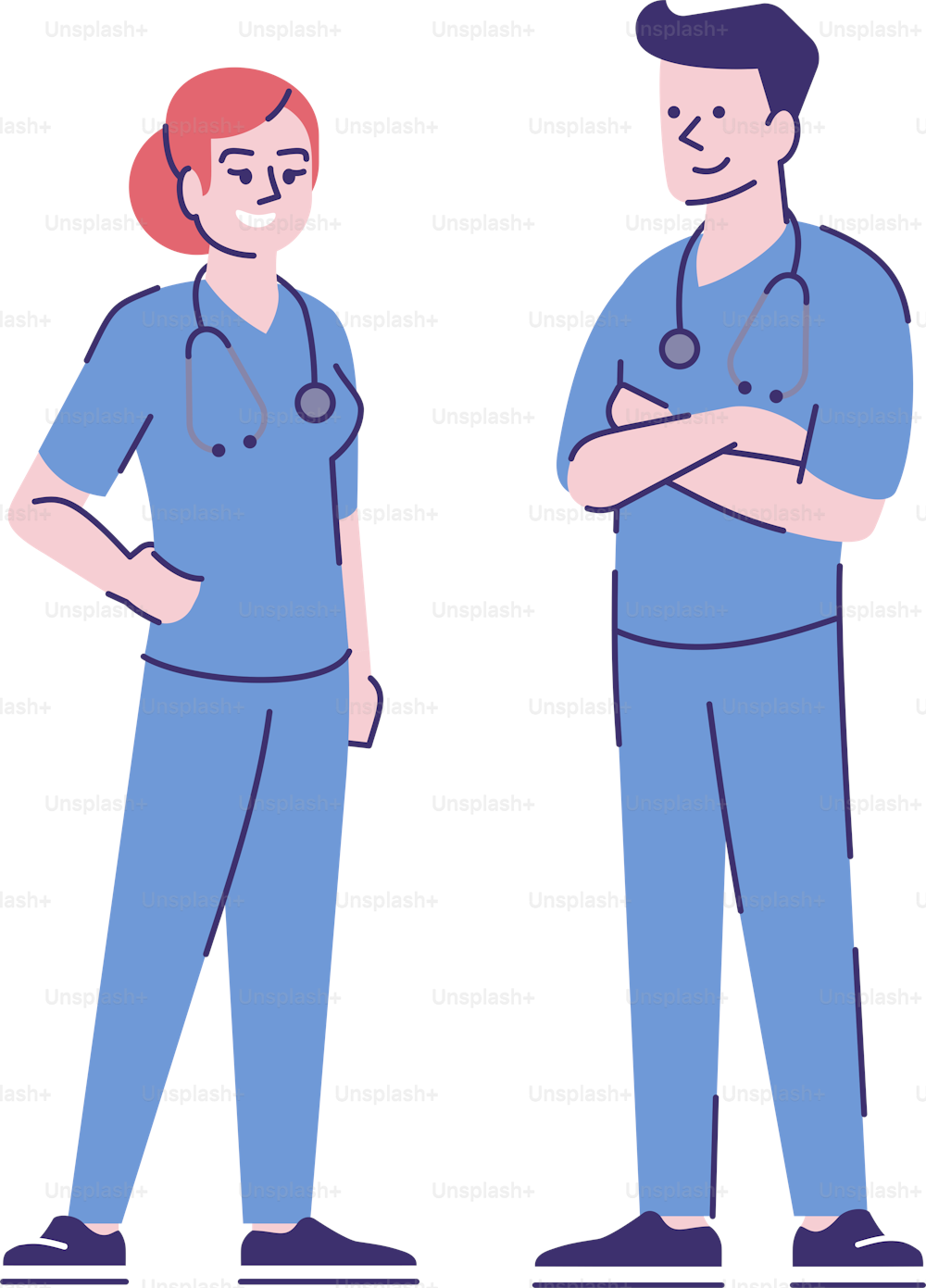Male and female nurses flat vector characters. Medical caretakers cartoon illustration with outline. Professional caregivers. Doctors, therapists, general practitioners couple isolated on white