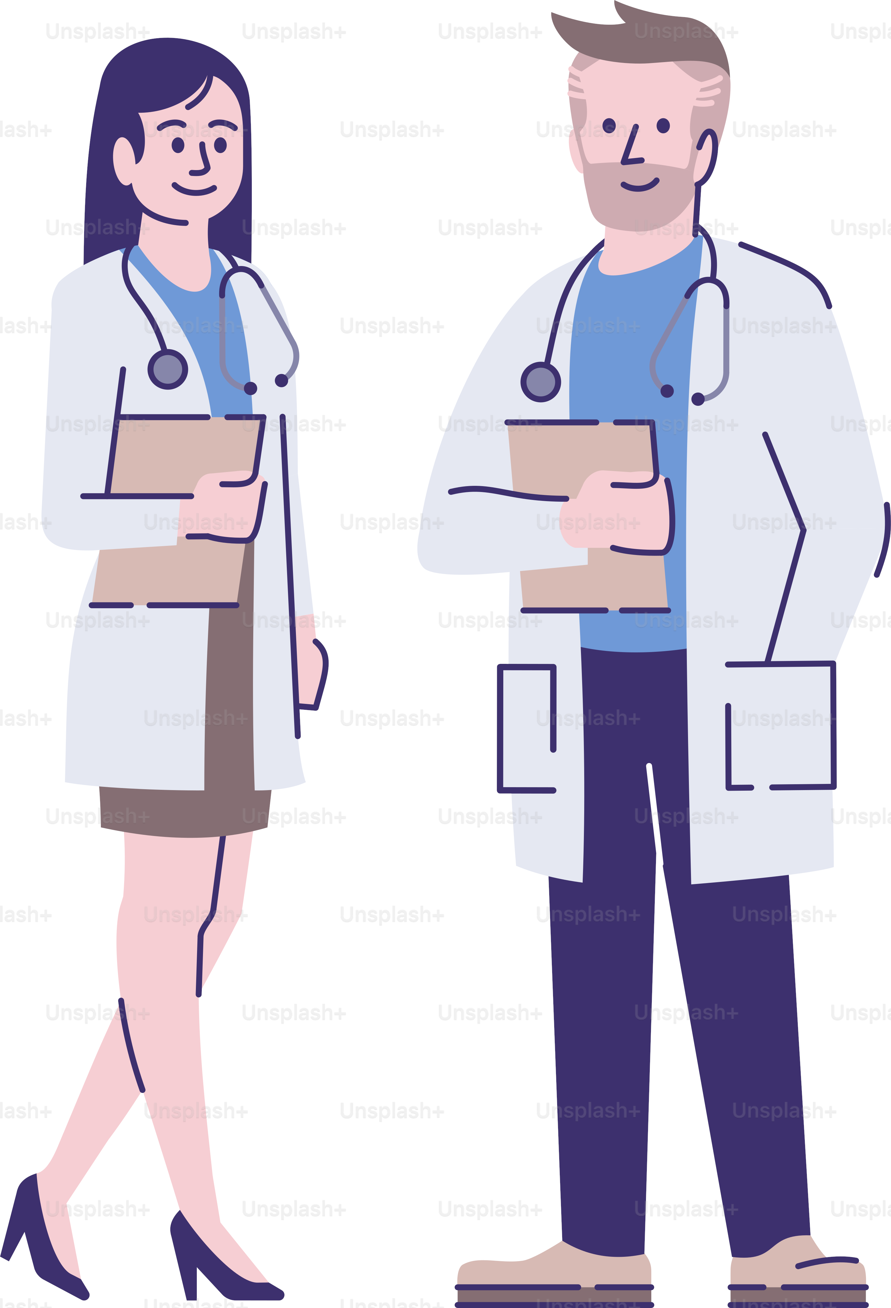 Colleghi medici carattere vettoriale piatto. Terapisti, medici di base con stetoscopi, illustrazioni di fumetti. Operatori medici professionisti. Medici donne e coppie isolate su bianco