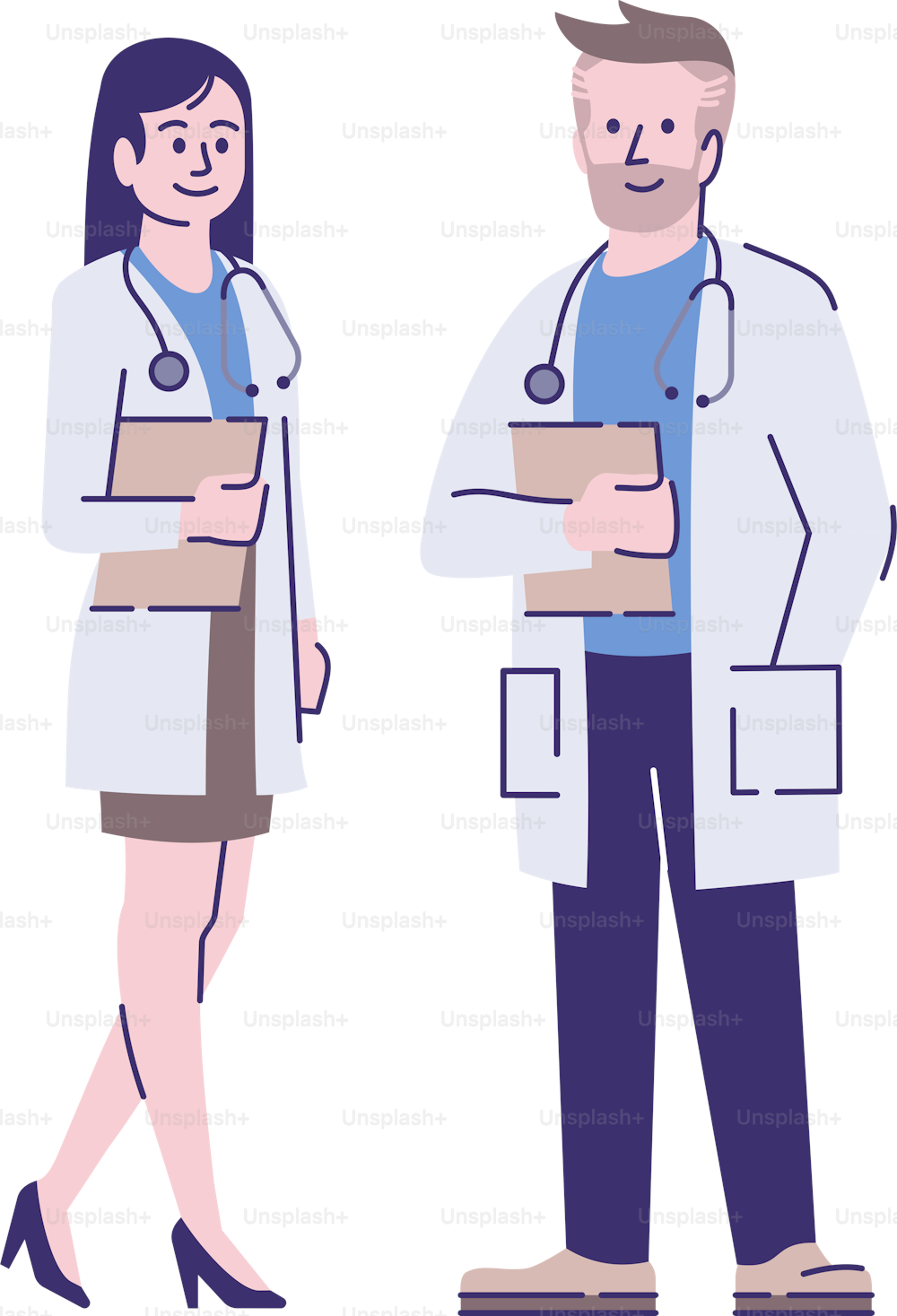 Doctors colleagues flat vector character. Therapists, general practitioners with stethoscopes cartoon illustration. Professional medical workers. Female medics, physicians couple isolated on white