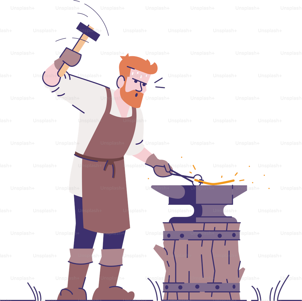 Medieval blacksmith flat vector illustration. Smith working with hammer and anvil isolated cartoon character with outline elements on white background. Historical, fairytale craftsman