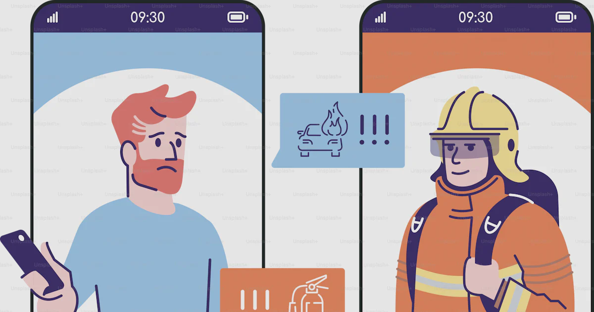 Call Help Fire Animation Emergency call smartphone cartoon app screen. Mobile phone displays ...