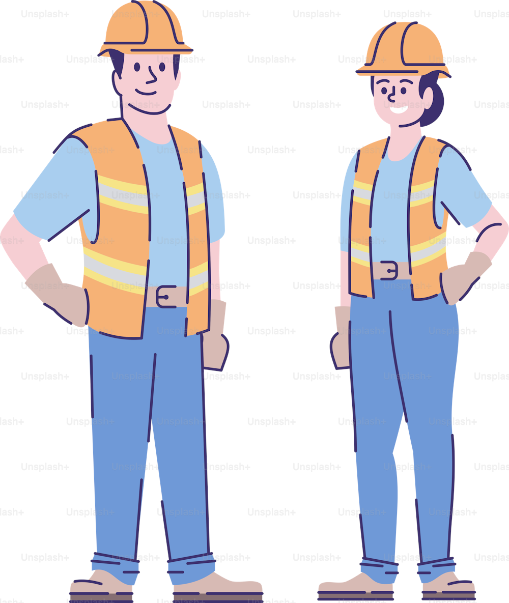 빌더는 플랫 벡터 문자를 결합합니다. 건설 노동자, 윤곽선이 있는 핸디맨 만화 삽화. 여성과 남성 계약자, 유니폼을 입은 엔지니어와 보호 헬멧이 흰색으로 격리되어 있습니다