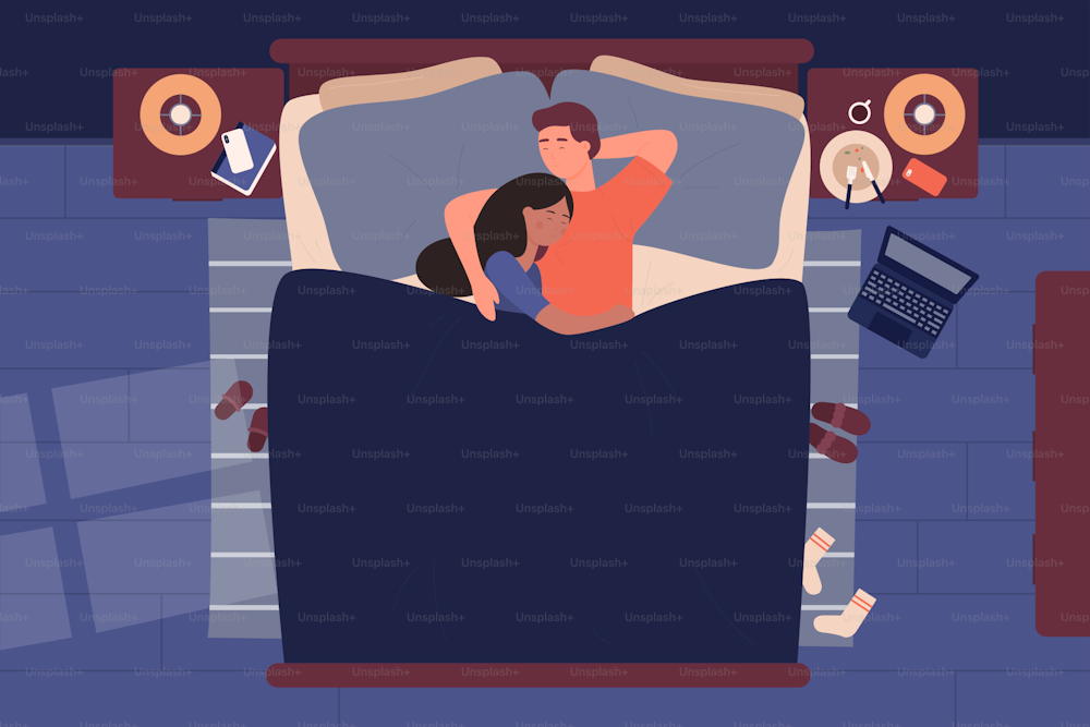 Lovers young people sleeping together. Man and woman couple in bed at night near window top view flat vector illustration
