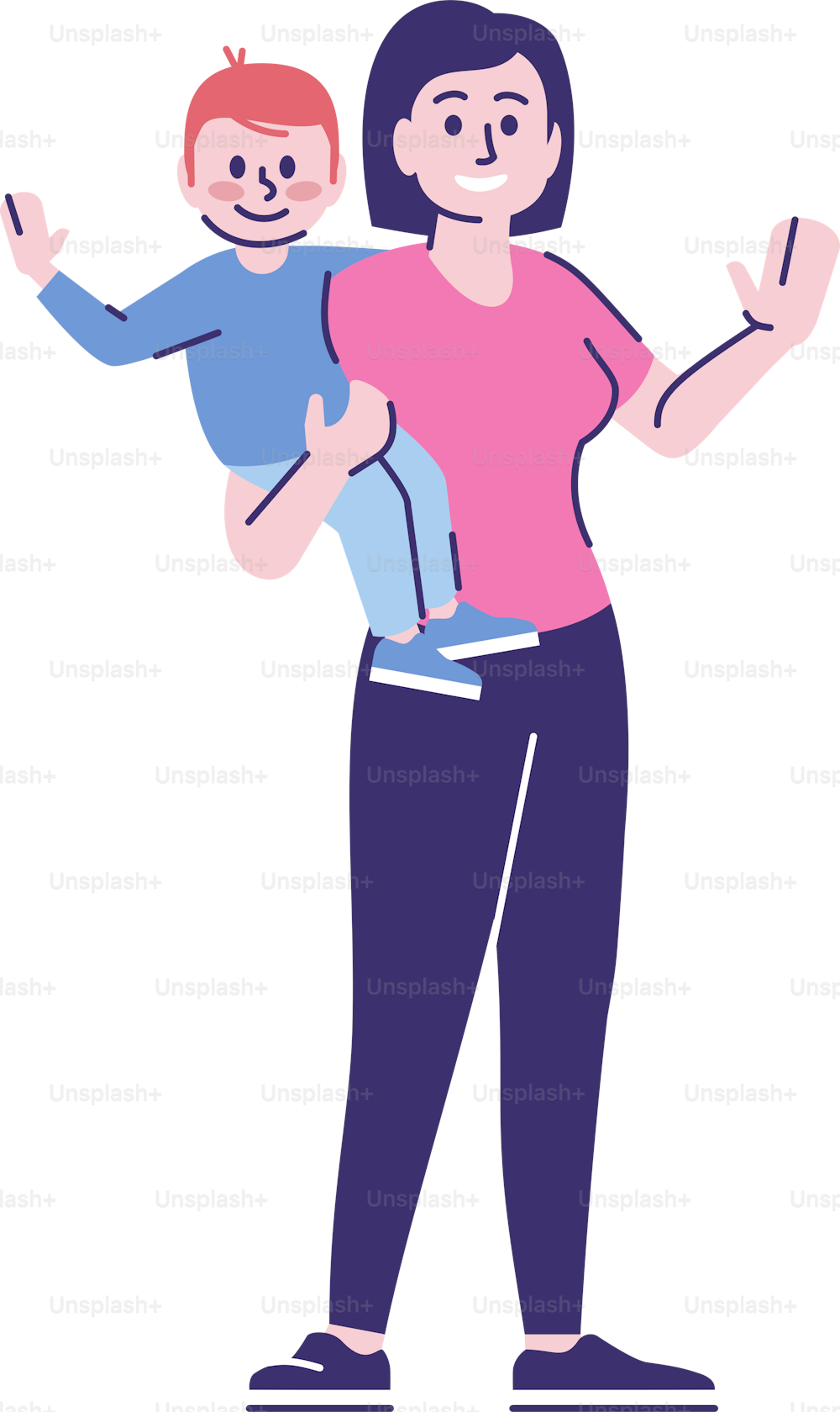 Nanny flat vector character. Babysitter, kindergarten educator cartoon illustration. Young mother with toddler son isolated on white background. Mum, mommy. Childcare service worker holding baby