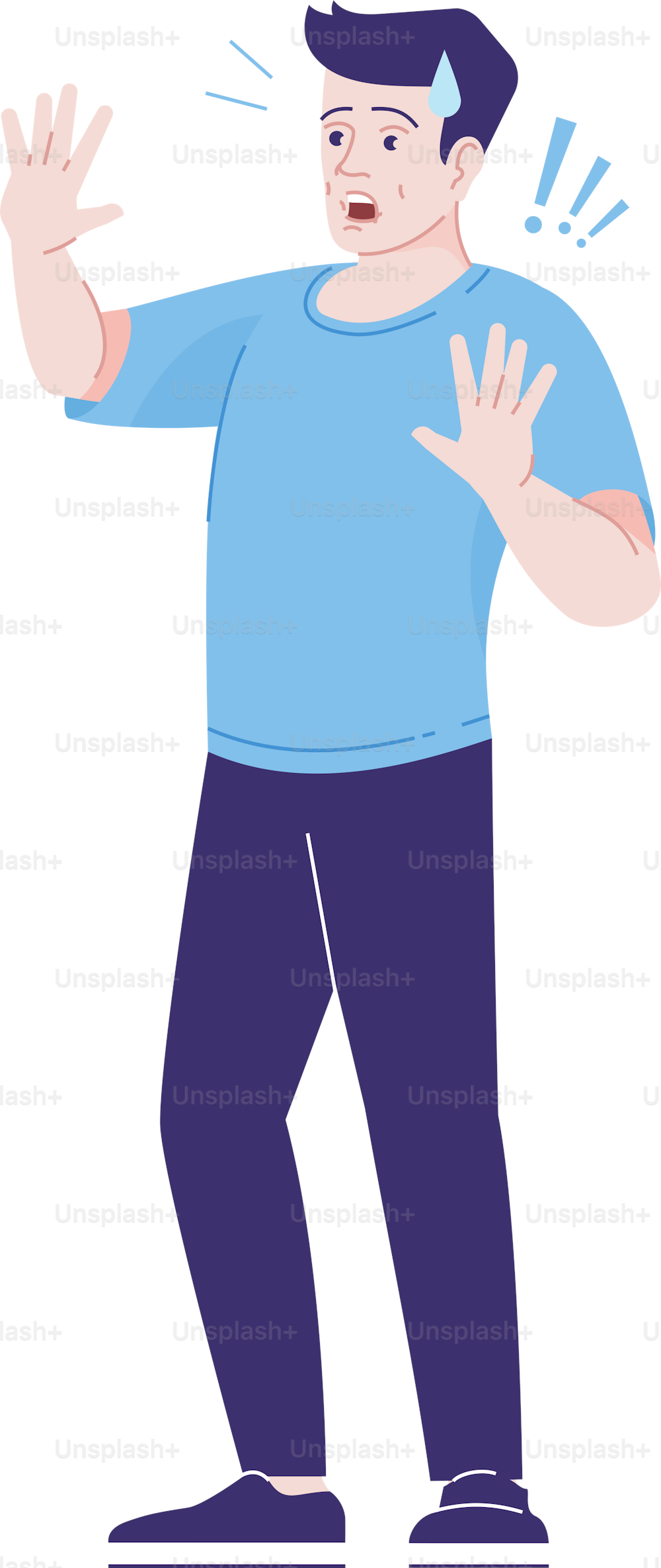 Scared man flat vector illustration. Male fear of violence. Person with anxious facial expression and defensive gesture isolated cartoon character with outline elements on white background