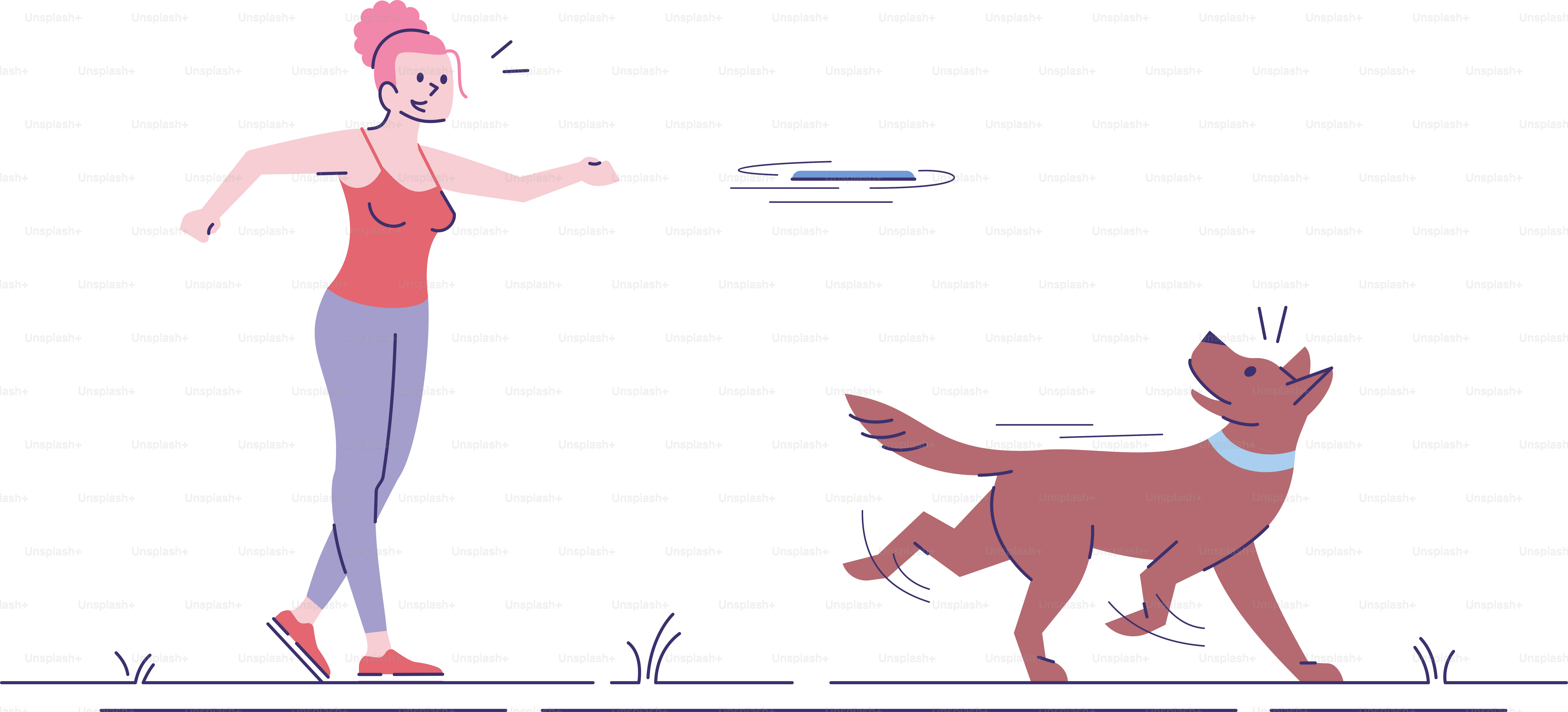 Happy caucasian girl playing with dog flat vector illustration. Outdoor activity. Young joyful woman throwing toy to pet isolated cartoon character with outline elements on white background