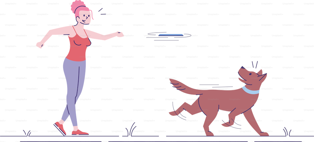 Feliz niña caucásica jugando con la ilustración vectorial plana del perro. Actividad al aire libre. Joven mujer alegre lanzando juguete para acariciar personaje de dibujos animados aislado con elementos de contorno sobre fondo blanco