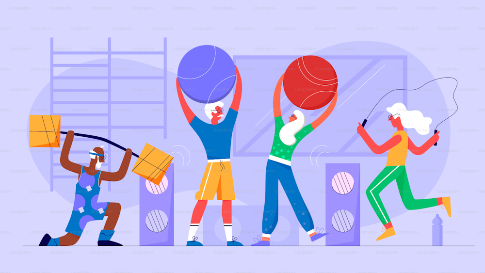 Senior white hair people do exercises in gym flat character vector illustration concept, healthy lifestyle. Old men and women jump rope, do fitness with balls, lift bar under music in sporthall