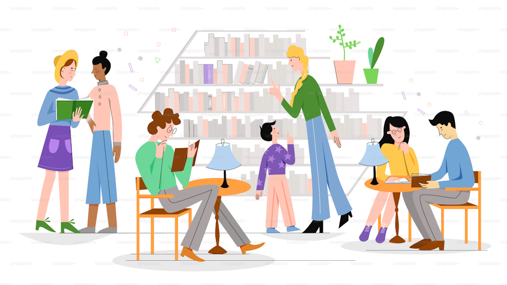 People in traditional library character flat line vector illustration concept. Familiar comfortable library interior, atmosphere, shelves with many books, men and women reading, kid talk to librarian