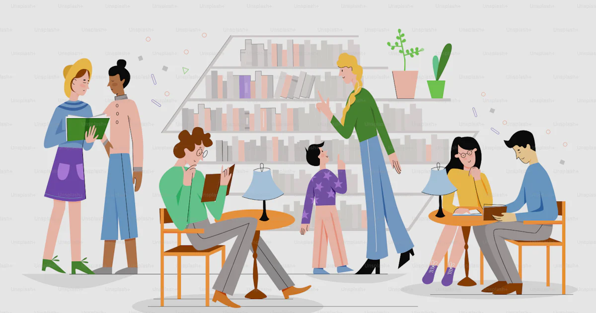 Human Library Vector Graphics People in traditional library character flat line vector illustration ...