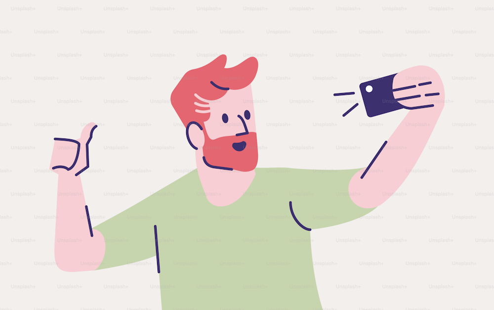 셀카 포즈를 취하는 플랫 벡터 그림. 행복한 남자가 자기 사진을 찍고 있다. 휴대전화 사진을 사용하여 웃고 있는 남자. 스마트폰 카메라에서 자화상을 만드는 것은 회색 배경에 고립된 만화 캐릭터이다