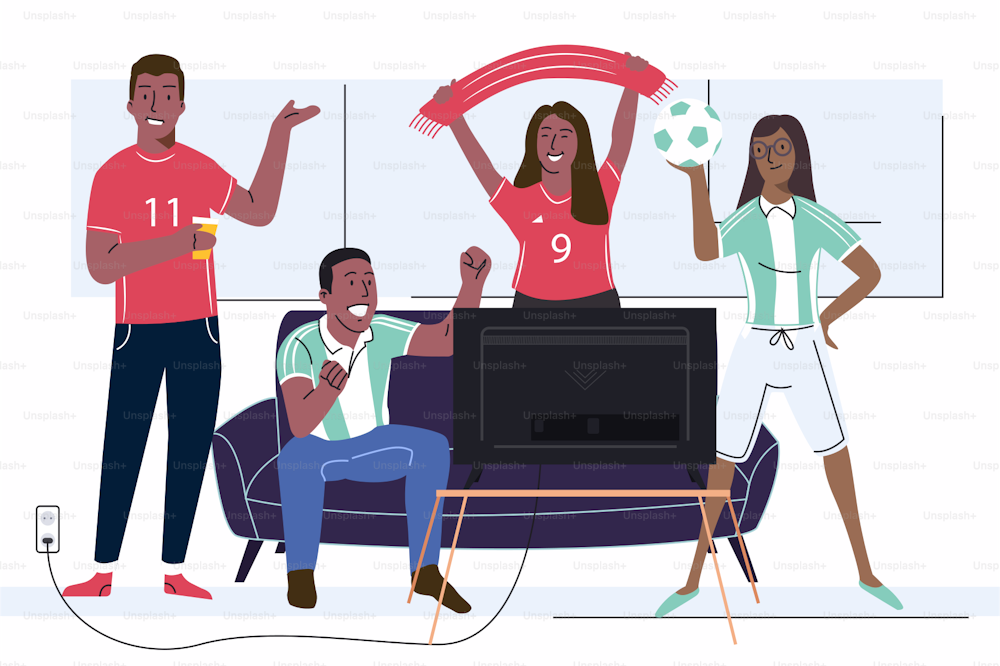 Cheerful soccer game fans friends adult people watching football TV on couch composition with flags and sport uniform vector illustration
