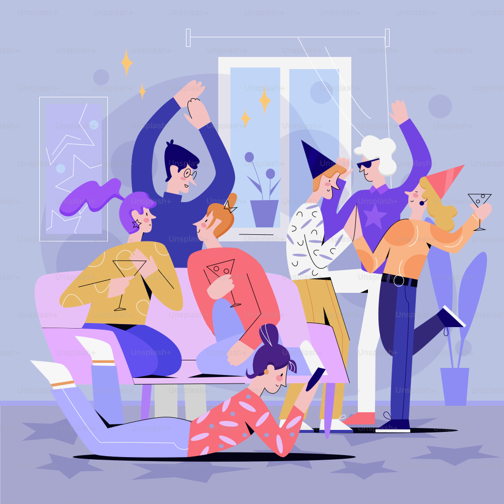 Party at home vector illustration. Soiree, holiday, Birthday celebration, entertainment, home discotheque. Male and female guests, friends resting together, party visitors flat characters