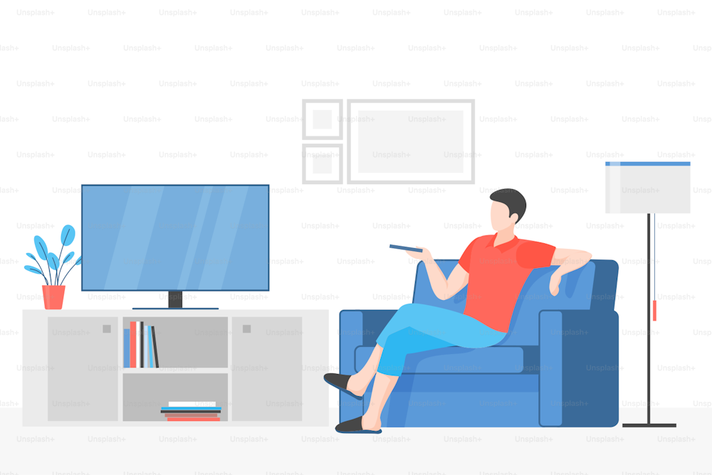 Guy watching television flat vector illustration. Young man sitting on comfortable couch holding remote cartoon character. Indoor rest, media recreation, modern leisure activity. Apartment interior