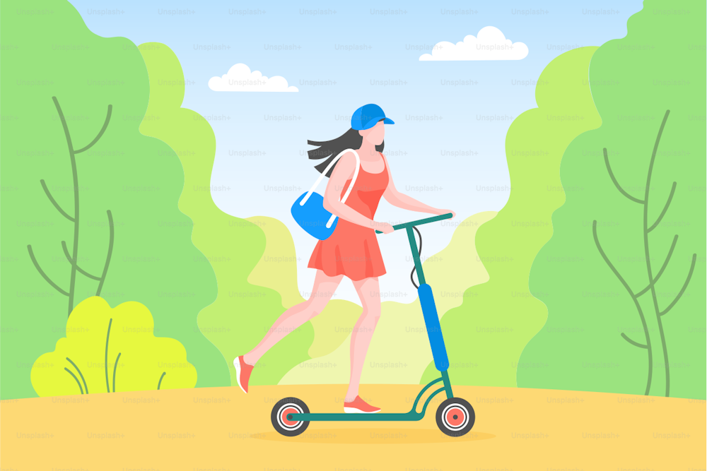 Girl on scooter flat vector illustration. Young woman in forest cartoon character. Ecological vehicle, mobility. Nature background, summertime. Active lifestyle. Hobby, outdoor activity, leisure