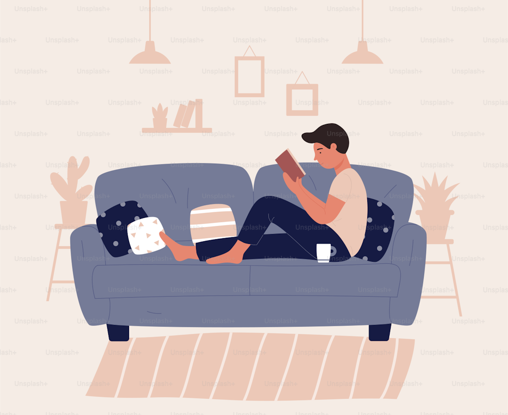 Boy sitting on sofa or couch with pillow ond read book. Young man resting in cozy atmosphere of his room, apartment, home. Relax concept character flat design vector illustration, modern lifestyle