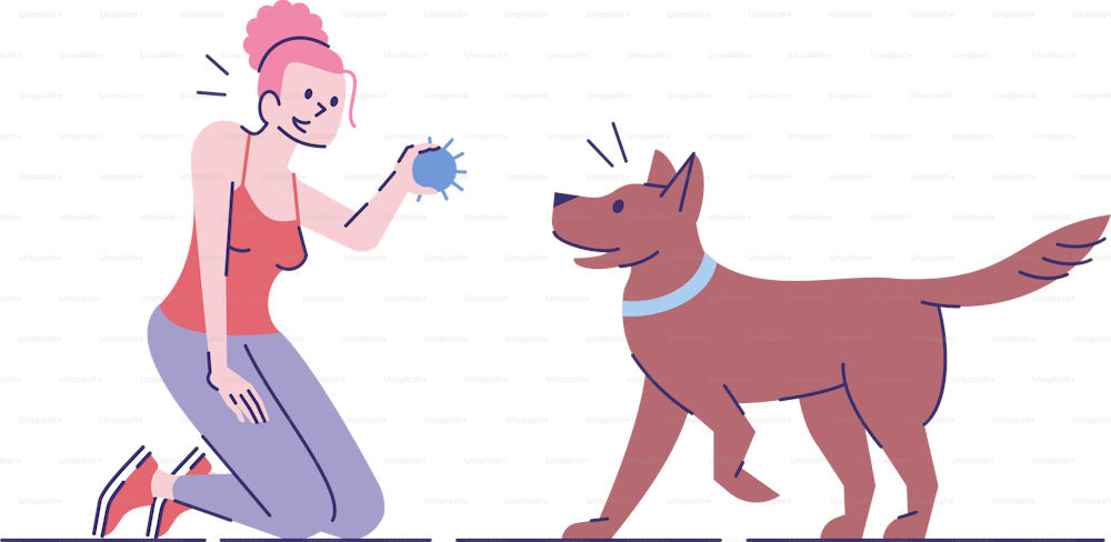 Junge Frau spielt mit flacher Vektorillustration für Hunde. Aktive Freizeitgestaltung. Lächelndes kaukasisches Mädchen und treues verspieltes Haustier isolierte Zeichentrickfigur mit Umrisselementen auf weißem Hintergrund