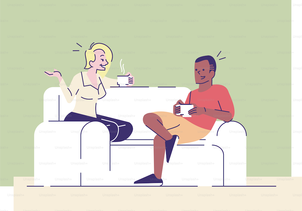 Family evening relax flat vector illustrations. Young wife talking with husband on sofa. Friends gossiping, drinking tea, coffee cartoon characters with outline elements on green background
