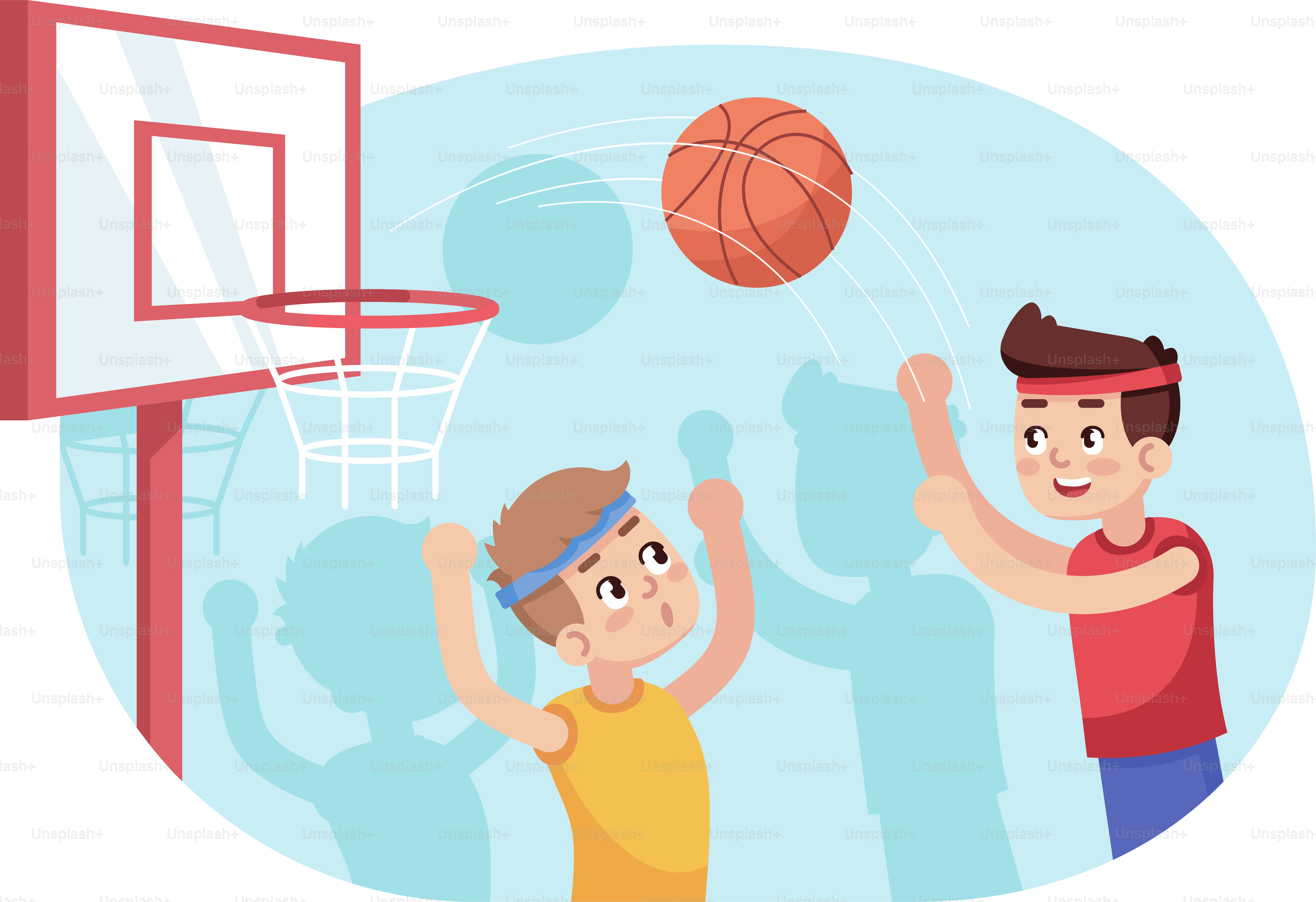 バスケットボールをする少年たちのフラットベクターイラストレーション。子供向けのスポーツコーナー。学校の子どもたちを対象としたチームゲームの高度なトレーニング。放課後の活動。子供の運動競技のアニメキャラクター
