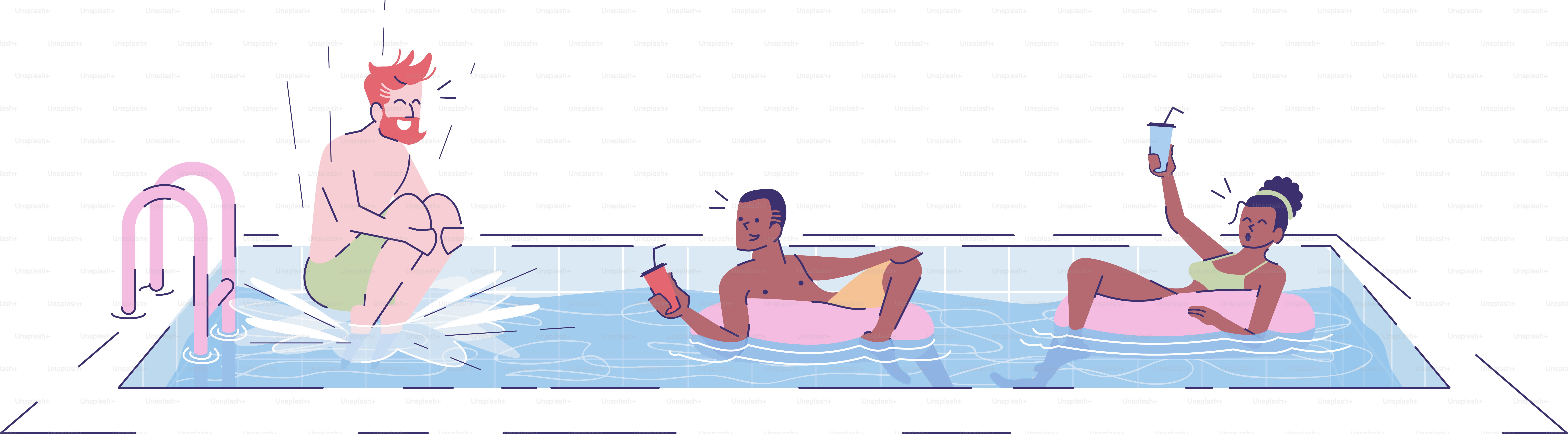 Tourists in swimming pool flat vector illustrations. Bearded man jumping in water. Friends swimming in rubber rings with cocktails isolated cartoon characters with outline elements on white background