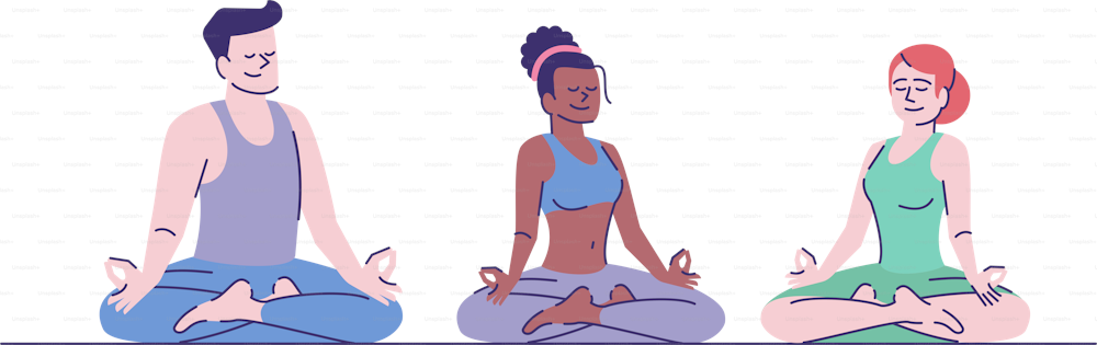 Yoga training flat vector illustration. People meditating in lotus position. Man and women sitting in padmasana pose isolated cartoon characters with outline elements on white background