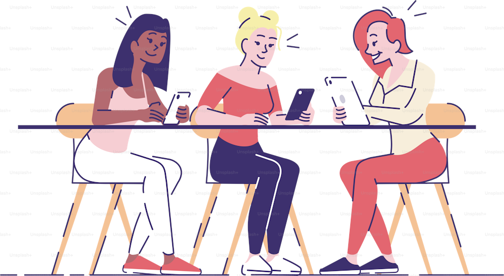 Girls with tablets flat vector illustration. Female friends, students holding smartphones, checking updates, sitting in cafe isolated cartoon characters with outline elements on white background