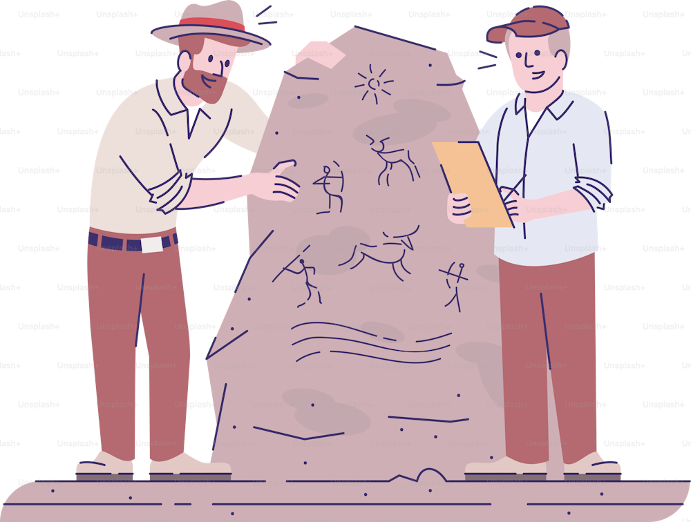 Study of ancient cave paintings flat vector illustration. Archaic civilization culture researching. Men analyzing drawing on stone isolated cartoon characters with outline elements on white background