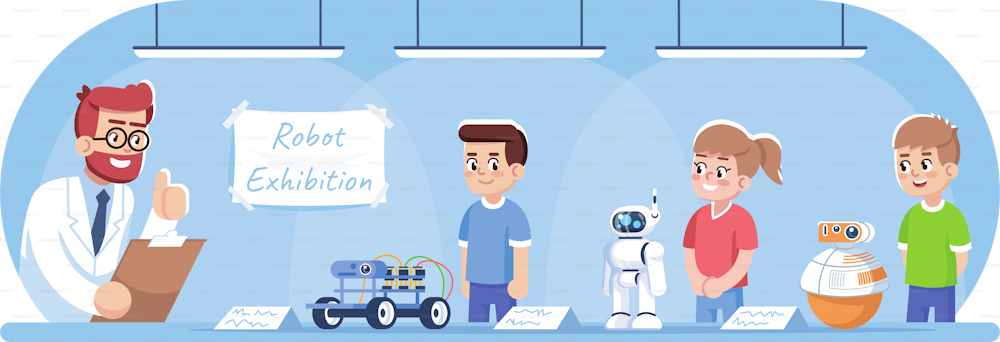 Children showing their robots on exhibition flat vector illustration. Robotics courses for kids. After school club. Boys and girls with droids, teacher approving cartoon characters