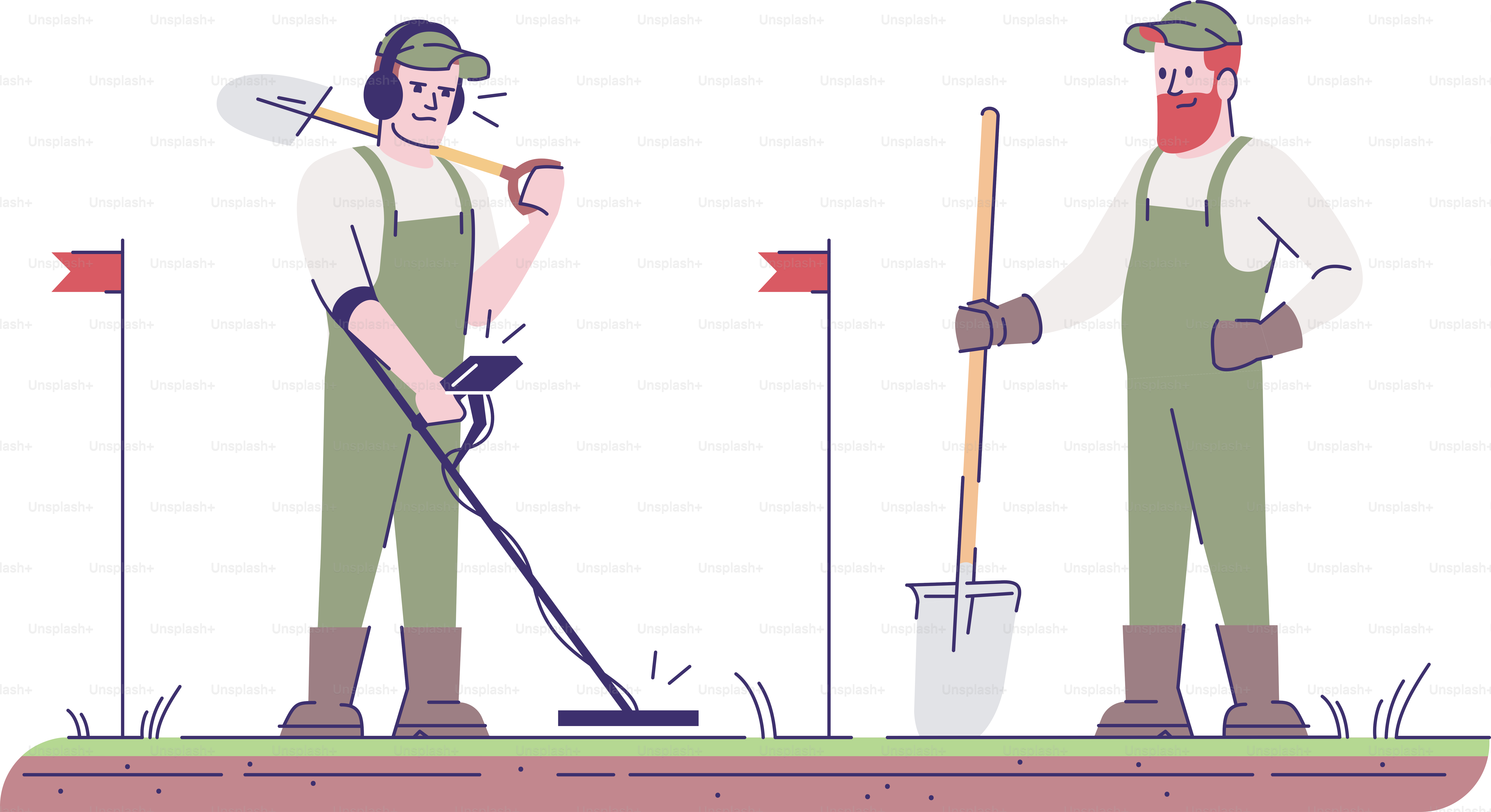 Field survey flat vector illustration. Start archeological study. Relic seekers with metal detector and shovel isolated cartoon characters with outline elements on white background