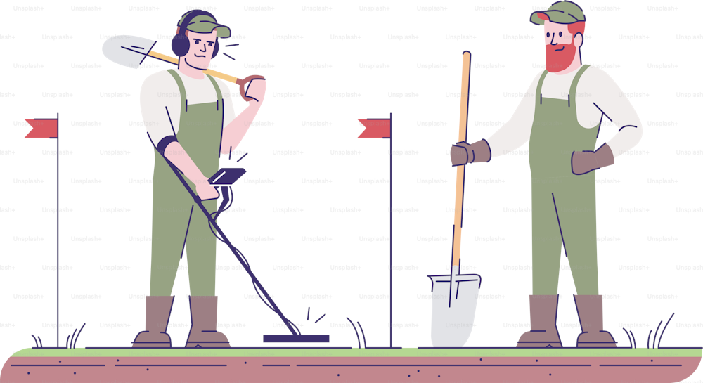 Field survey flat vector illustration. Start archeological study. Relic seekers with metal detector and shovel isolated cartoon characters with outline elements on white background
