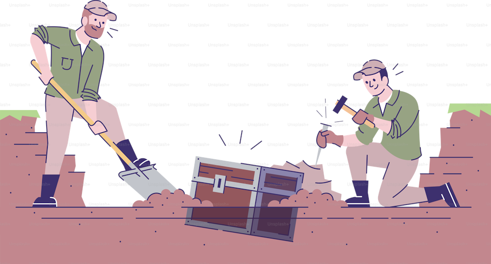 Treasure hunt flat vector illustration. Archaeological excavations. Marauding. Two caucasian men dig out chest isolated cartoon characters with outline elements on white background