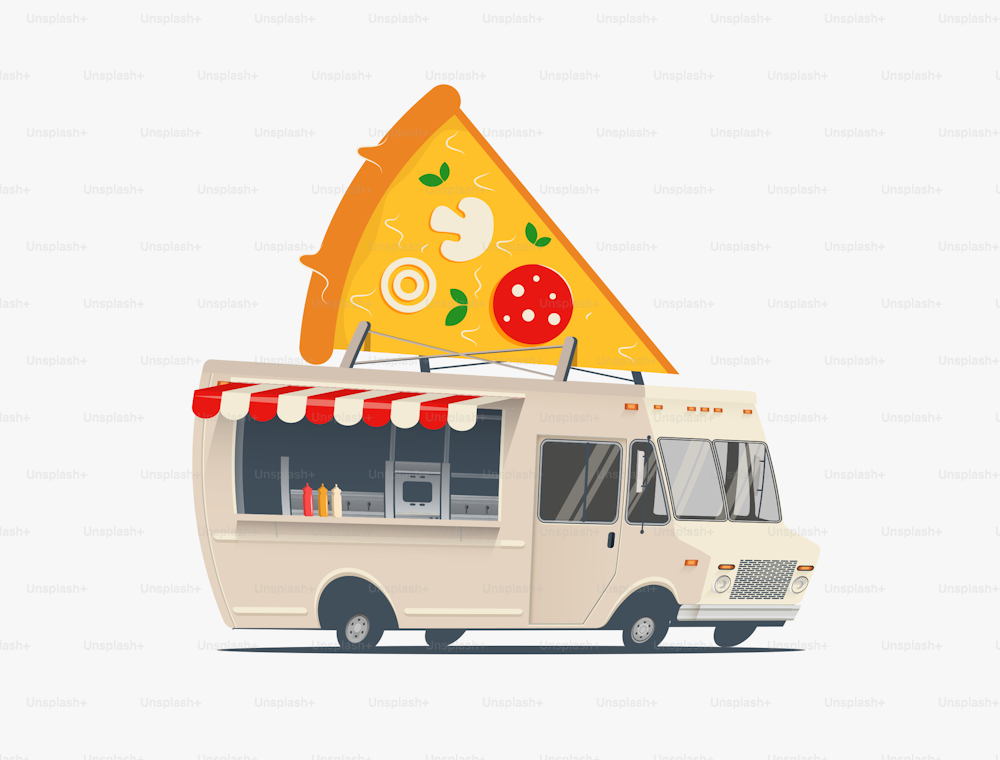Pizza food truck cartoon illustration. Pizza delivery service concept. Isolated on white background. Vector eps 10 illustration
