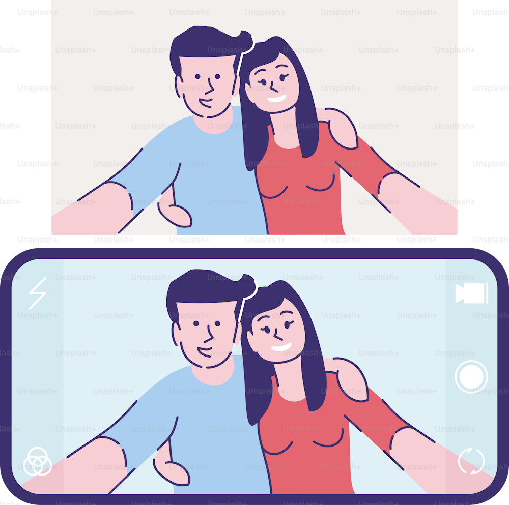 Selfie flat vector illustration. Couple in love taking photo. Smiling man and woman hugging for romantic self portrait isolated cartoon character on with outline elements on white background