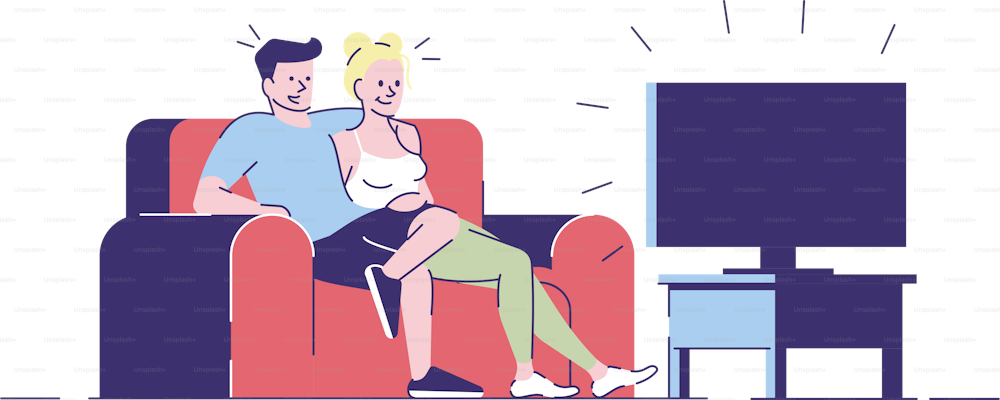 Perfect evening relax flat vector illustration. Boyfriend hugging girlfriend, watching movie. Young married couple sitting on sofa isolated cartoon characters with outline elements on white background