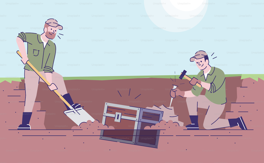 Treasure hunters flat vector illustration. Archeological expedition. Historical researching. Studying mysteries of past. Two caucasian men digging out old chest cartoon characters
