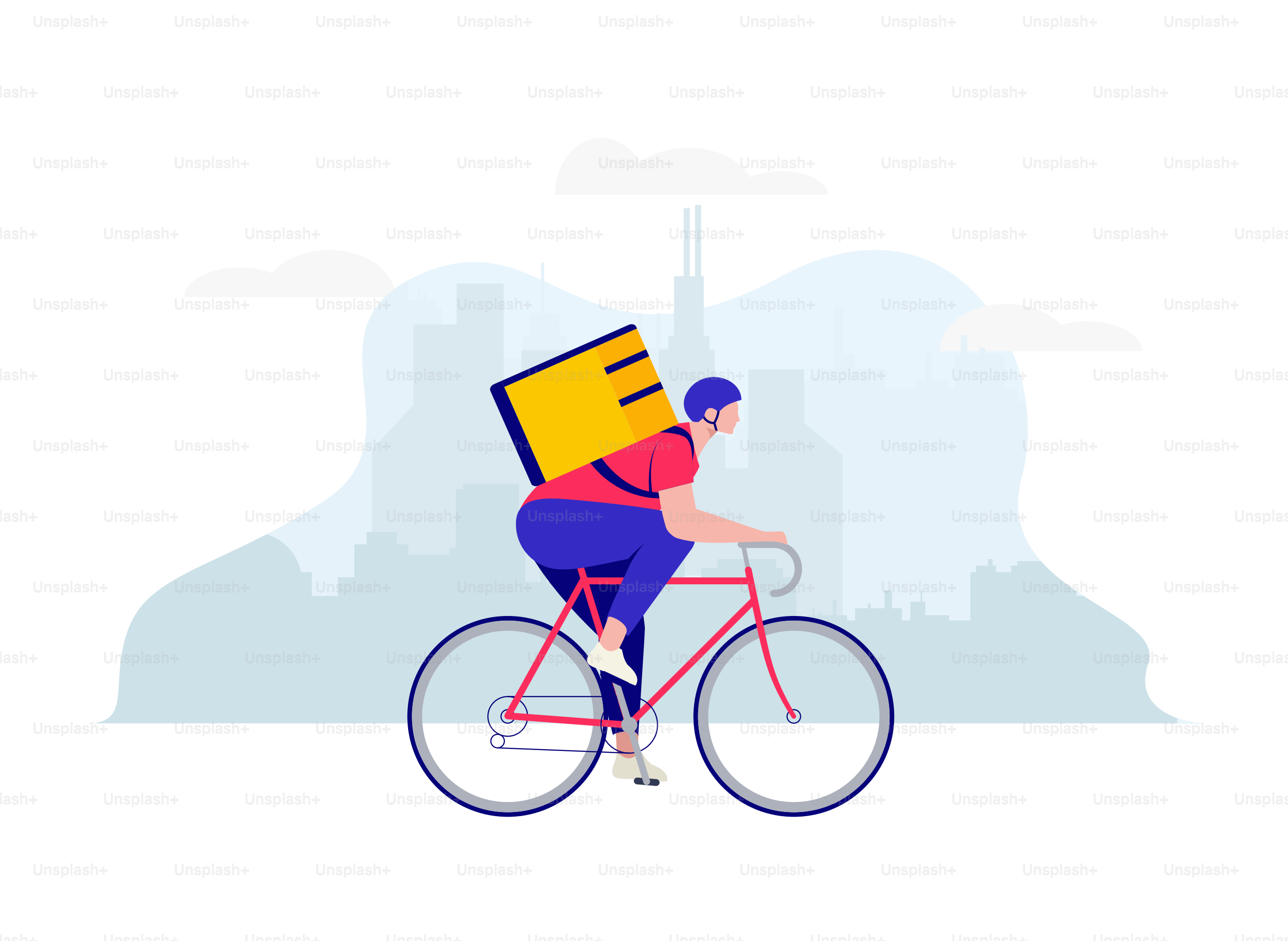 Entregador, entregador de bicicleta com mochila de entrega de comida no fundo da paisagem urbana. Conceito de serviço de entrega. Ilustração vetorial eps 10.