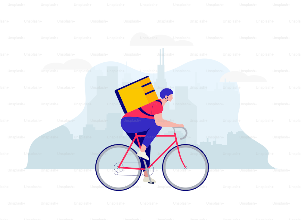 Delivery guy, courier on bicycle with food delivery backpack on city landscape background. Delivery service concept. Vector eps 10 illustration.