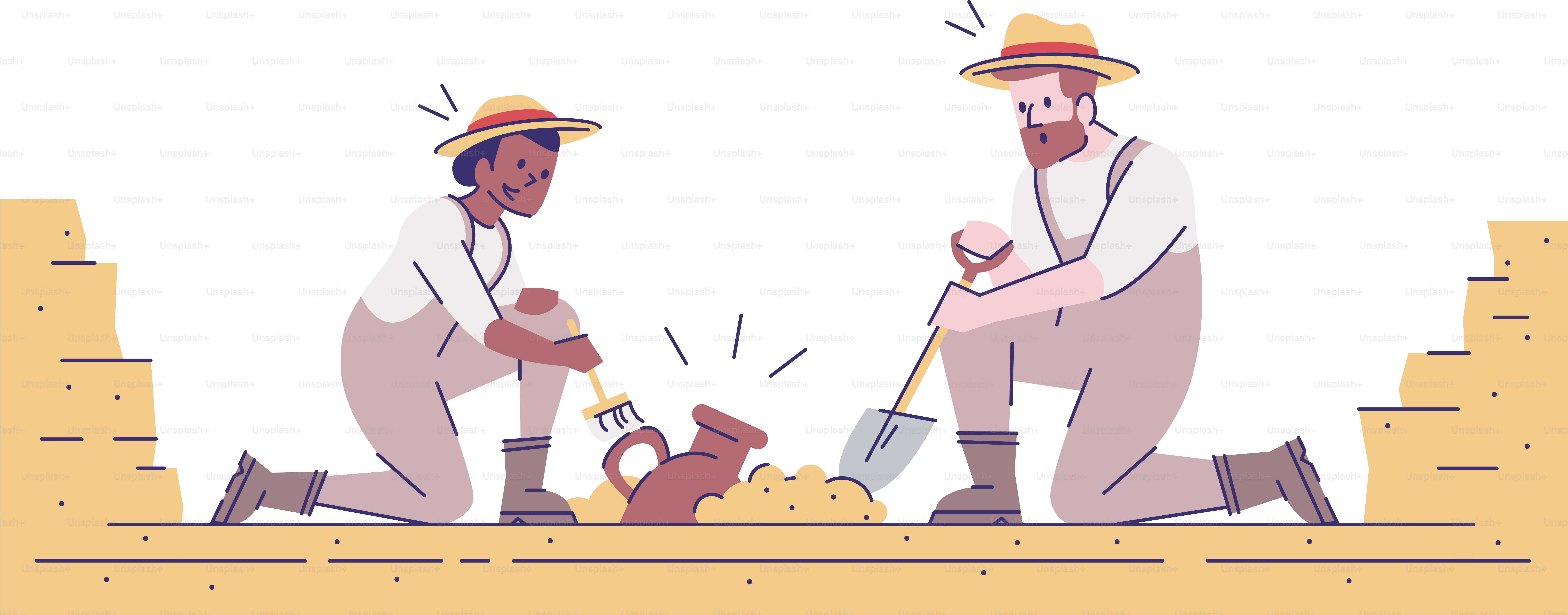 Archaeological excavations flat vector illustration. Mysteries of past studies. Man and woman discovering historical artifacts isolated cartoon characters with outline elements on white background