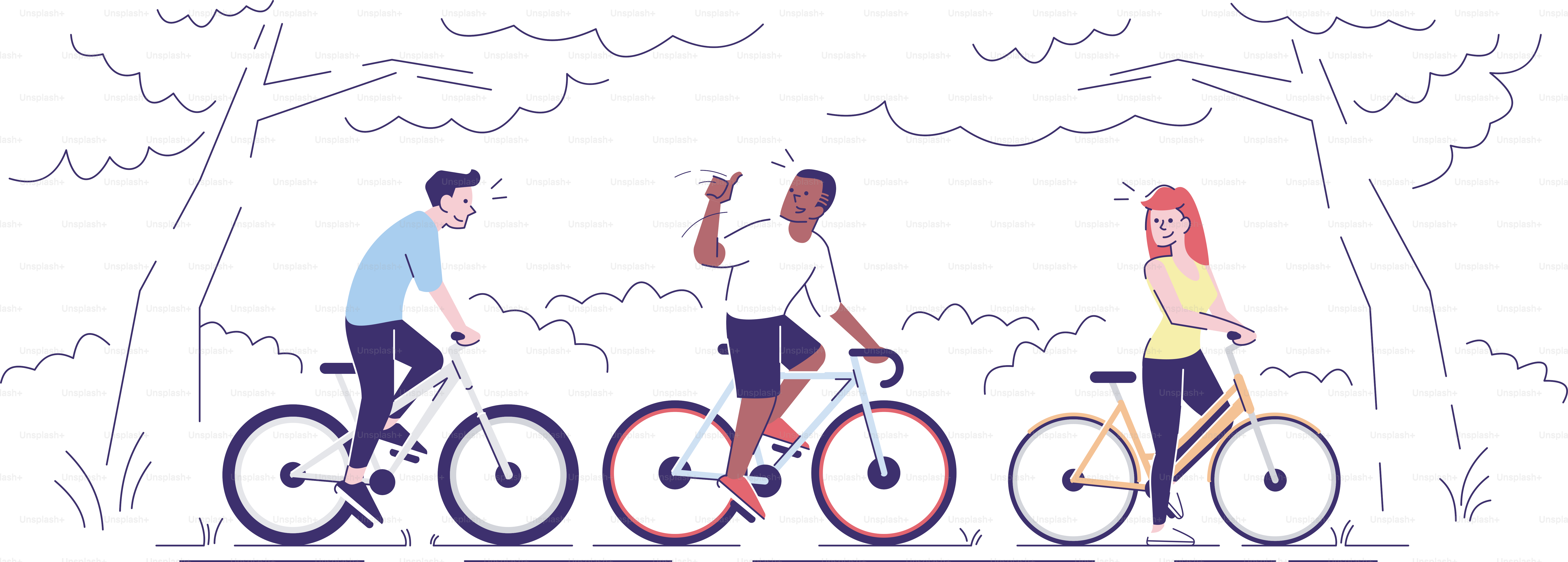 Friends riding bikes in park flat vector illustration. Boys, girl, neighbours enjoying fresh air, cycling in forest on bicycles isolated cartoon characters with outline elements on white background