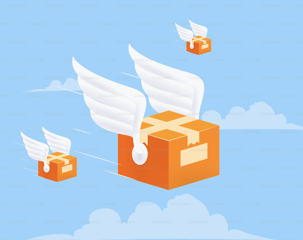 Flying delivery package box with wings on blue sky background. Delivery service concept. Vector eps 10 illustration.