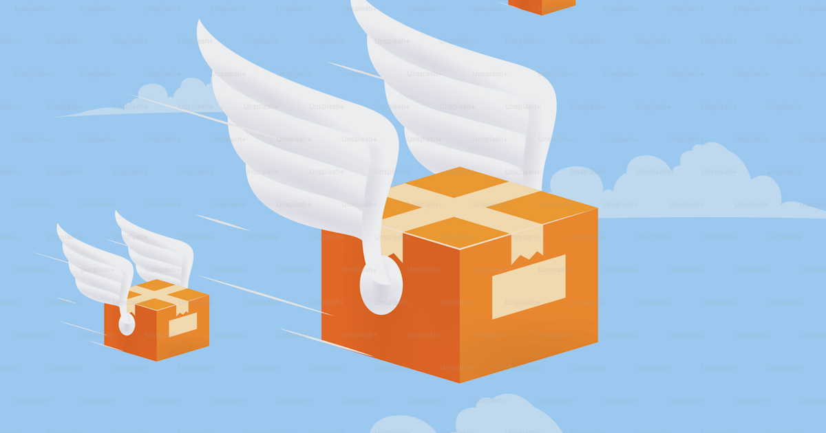 Flying delivery package box with wings on blue sky background. Delivery ...