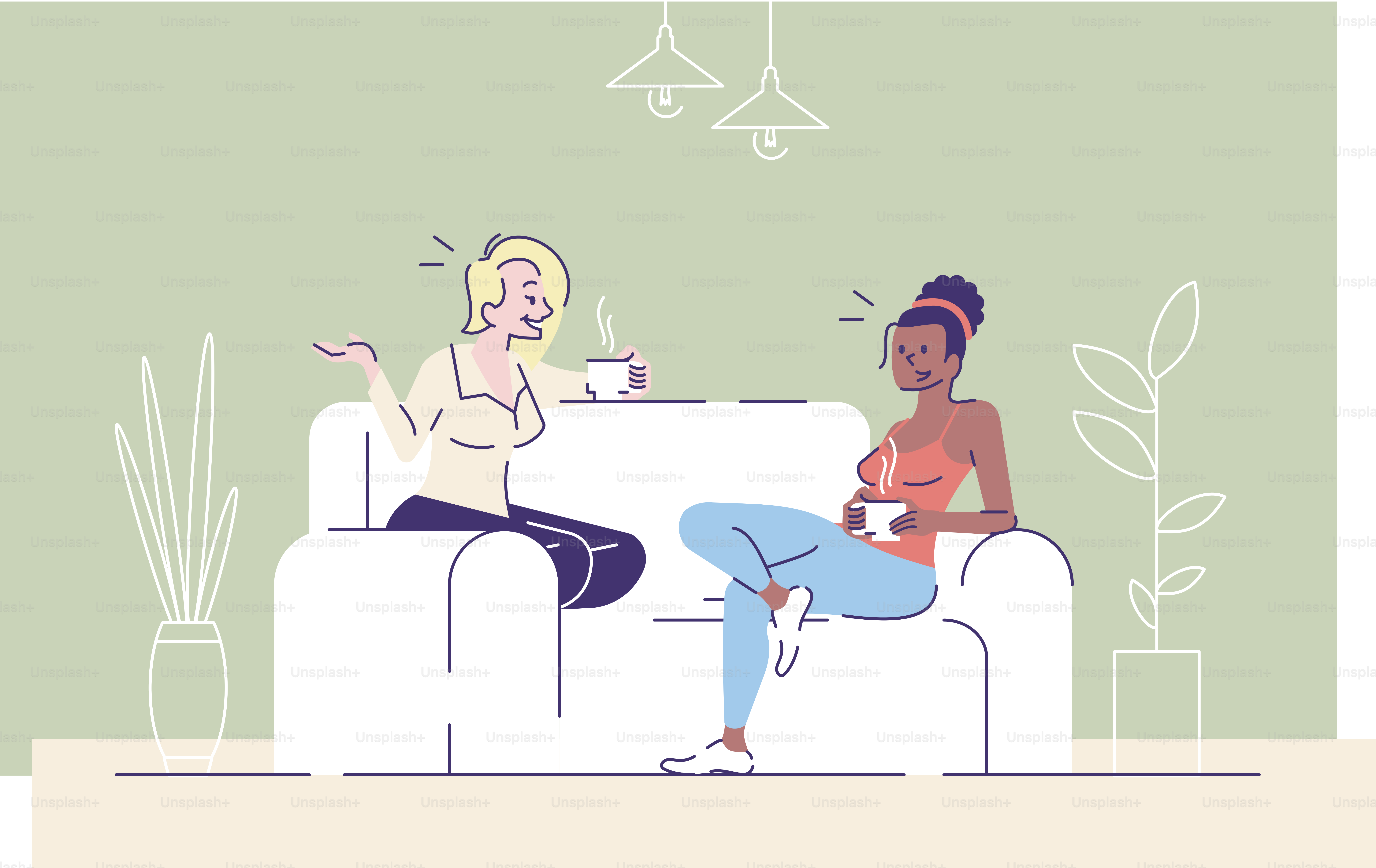 Mädchen trinken Tee zu Hause, flache Vektorillustrationen. Junge Damen, Schülerinnen und Schüler genießen freundliche Gespräche mit Kaffee. Mitbewohner tratschen über Cartoonfiguren mit Umrisselementen auf grünem Hintergrund