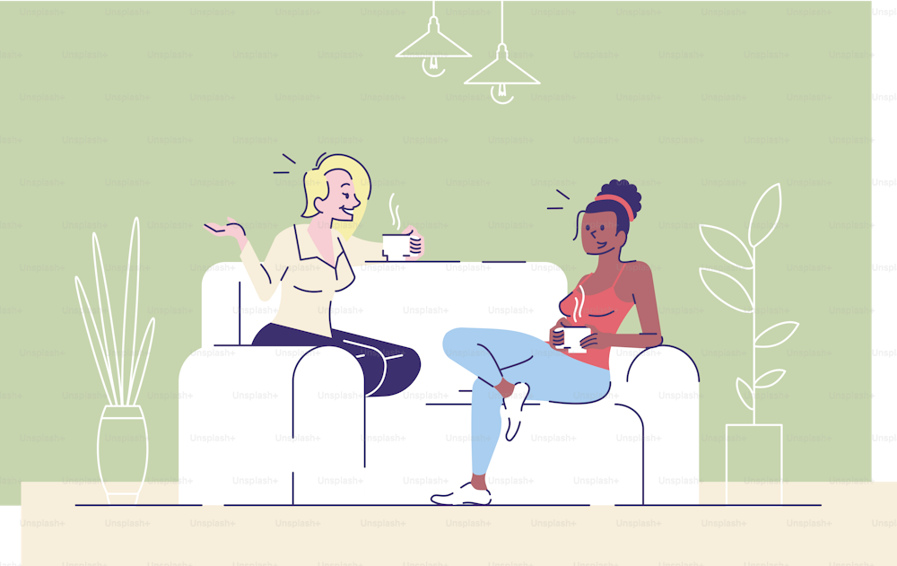 Girls tea drinking at home flat vector illustrations. Young ladies, students enjoy friendly talk with coffee. Roommates gossiping cartoon characters with outline elements on green background