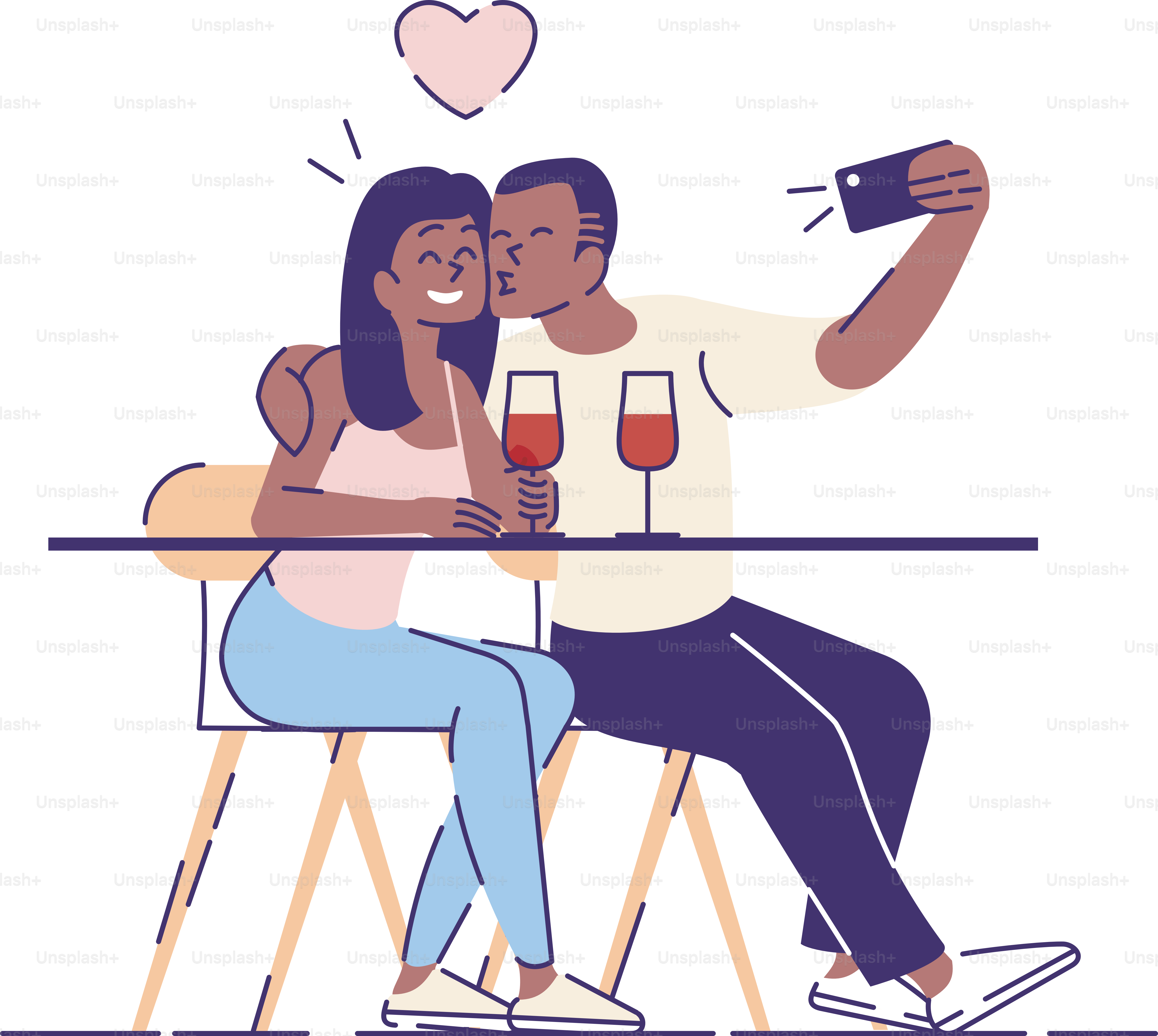Couple selfie flat vector illustration. Guy kisses smiling girl for self photo on phone camera. Man and woman in love making portrait on dating. isolated cartoon character on white background