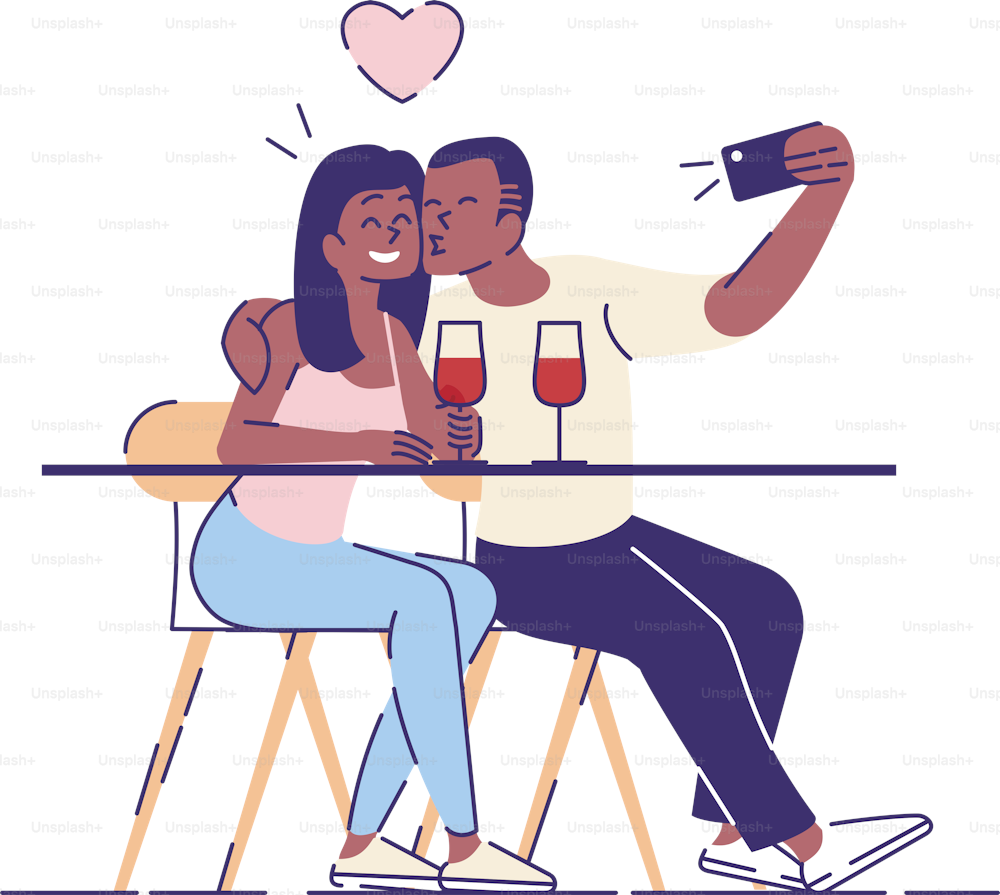 Couple selfie flat vector illustration. Guy kisses smiling girl for self photo on phone camera. Man and woman in love making portrait on dating. isolated cartoon character on white background