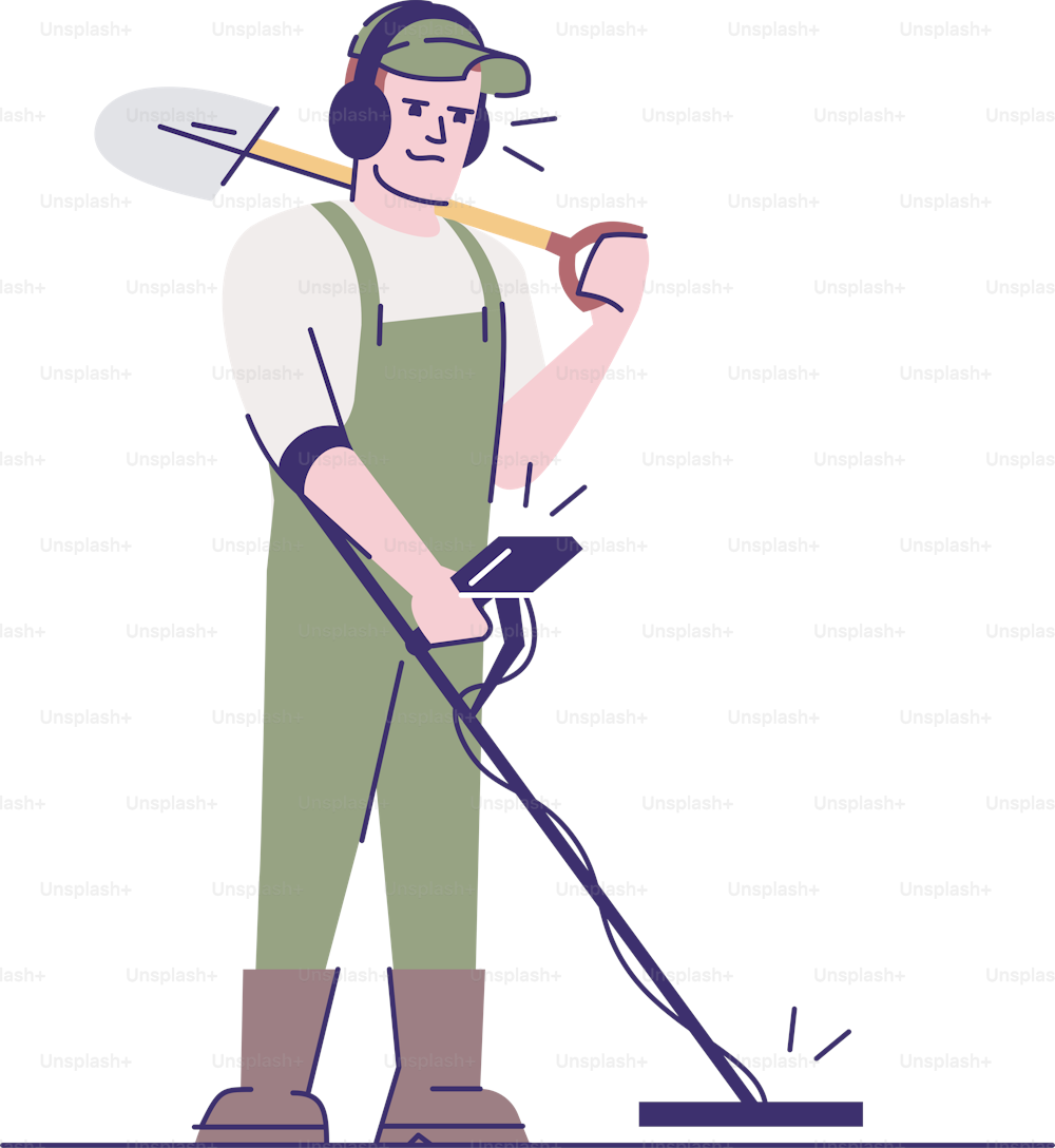 Archaeologist with metal detector and shovel flat vector illustration. Field survey. Search for treasure. Caucasian man with archaeological tools cartoon character with outline on white background