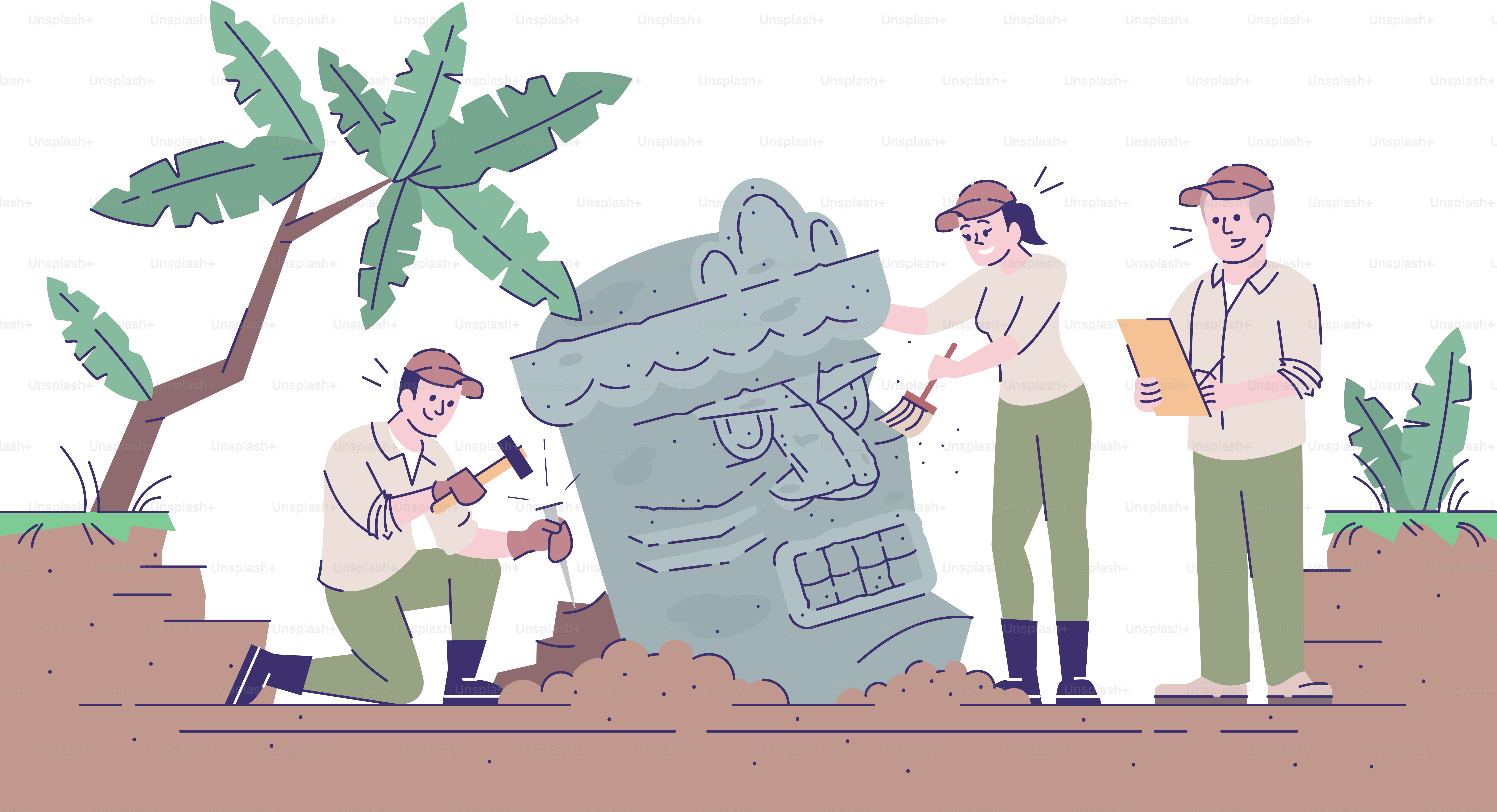 Ancient culture archeological study flat vector illustration. Old civilization analyze. Archaeologists researching sculpture isolated cartoon characters with outline elements on white background