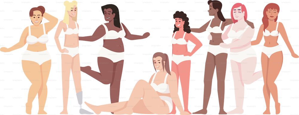 Frauen in zweiteiligen Badeanzügen mit flacher Vektorillustration. Body Positive und Feminismus. Plus-Size-Figur. Lächelnde Damen verschiedener Nationalitäten isolierte Zeichentrickfigur auf weißem Hintergrund